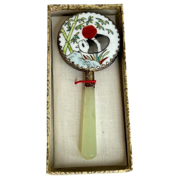 Vintage Handheld Mirror With Hand Painted Panda Design Jade Handle Ornate Trim - Picture 5 of 7